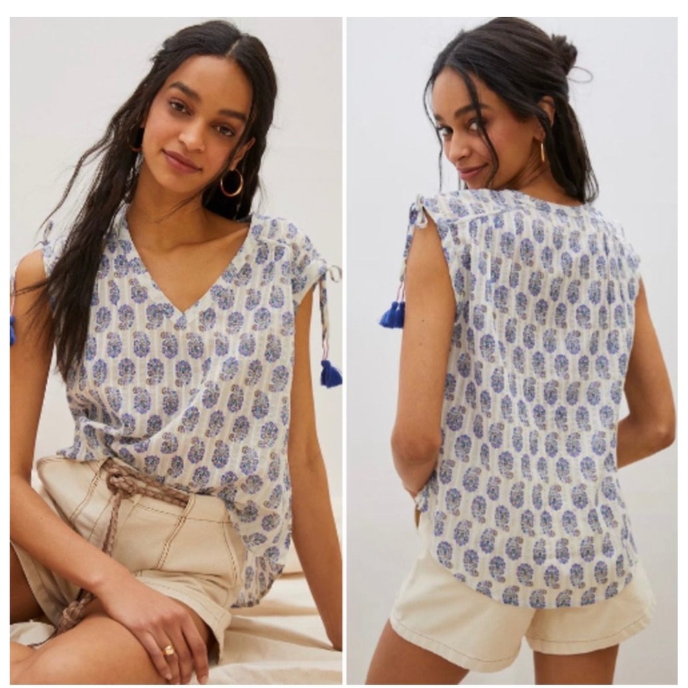 Anthropologie Blue Floral Tassel Tie Shoulder Metallic Stripe Blouse XS